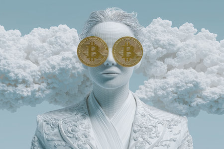 A pixelated female figure with bitcoin eyes stands before clouds, representing digital identity, the metaverse, and business in the cryptocurrency world.の素材