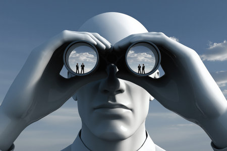 A large figure looks through binoculars, with two businessmen reflected in the lenses, a concept for business vision, forecasting, and finding new talent or opportunities.の素材