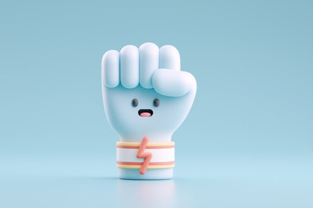 A cute cartoon fist with a smiling face and a lightning bolt bracelet, a concept for positive power, team motivation, and startup energy in business.の素材