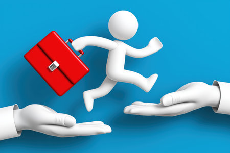A character with a red briefcase is helped by two large hands, representing corporate support, teamwork, and assistance in business challenges.の素材