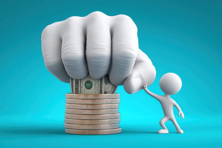 A giant white fist presses down on a stack of coins and a dollar bill, with a small figure trying to resist, a concept for taxes or corporate power.の素材