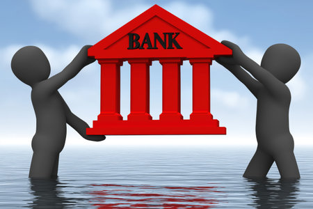 Two abstract figures in the water hold up a red bank building, a business concept for financial support, bailouts, or the stability of the banking system.の素材