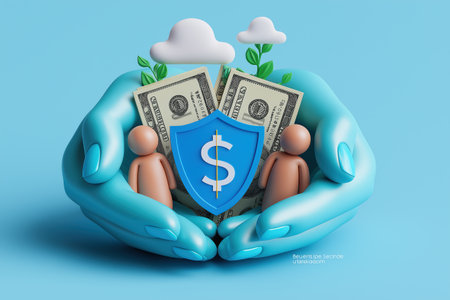 Protective hands shield two figures and dollar bills with a security symbol, a business concept for family financial planning, insurance, and asset protection.の素材