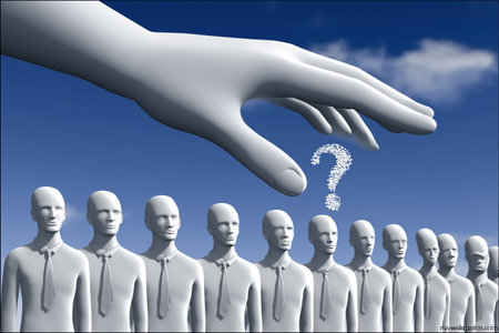 A giant hand hovers over a line of identical candidates with a question mark, a business concept of choosing the right employee and the hiring process.の素材
