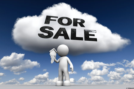A character holds a key to a house, with a 'FOR SALE' sign in a cloud above. A concept for the real estate market, buying a home, and property sales.の素材