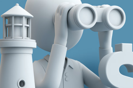 A figure looks through binoculars next to a lighthouse and a dollar sign, representing long-term financial vision, guidance, and safe investment strategy.の素材