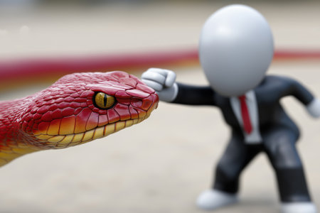 A small businessman in a suit is in a fighting stance against a large red snake, a concept for facing business challenges, risks, and overcoming obstacles.の素材