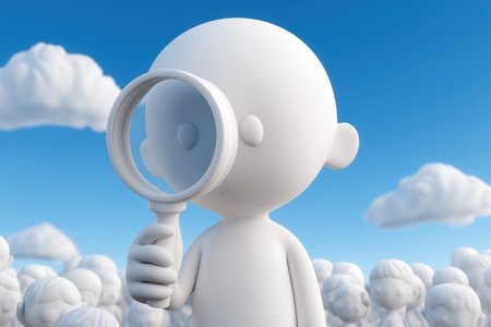 A character holds a magnifying glass, looking over a crowd of people, symbolizing the HR process of recruitment, talent search, and finding the right candidate.の素材