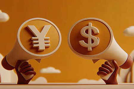 A financial business concept of currency exchange rates, international trade, and economic announcements between the US dollar and Japanese yen markets.の素材