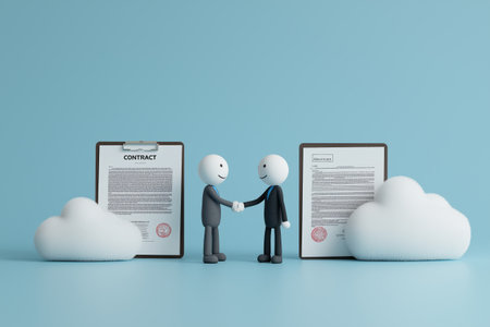A modern business concept of digital agreements and cloud-based contracts. Two 3D characters shake hands between two clipboards with signed contracts.の素材