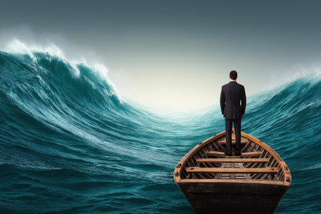 A businessman in a suit stands on a small boat facing a massive ocean wave, representing facing a business crisis, challenges, risk, and uncertainty.の素材