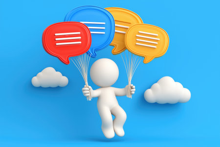 A character is lifted by balloons shaped like speech bubbles, symbolizing the power of communication, positive feedback, and social media engagement.の素材