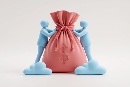 A business concept of a joint financial venture, securing a loan, or a large investment. Two characters stand with a large pink money bag with a dollar sign.の素材