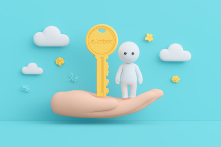 A large hand holds a small figure and a golden key with the word SUCCESS, a business concept for support, providing solutions, and unlocking opportunities.の素材