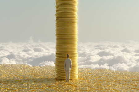 A surreal business concept of a man in a suit standing on a sea of gold coins, gazing at a towering stack representing immense wealth and financial goals.の素材