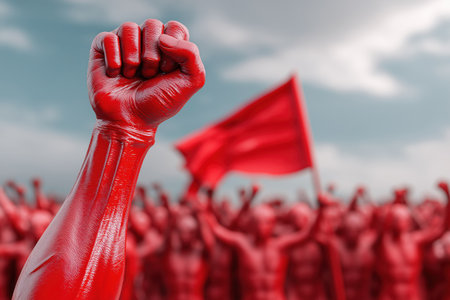 A raised red fist in front of a crowd with a red flag, a powerful concept of protest, revolution, employee strikes, or a strong social movement.の素材