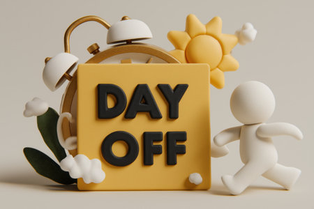 A character runs away from an alarm clock with the text 'DAY OFF', symbolizing vacation, rest, work-life balance, and freedom from a busy business routine.の素材