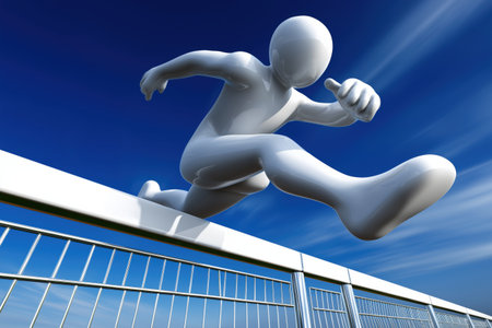 A character jumps over a hurdle against a blue sky, symbolizing overcoming challenges, competition, and striving for business success and achievement.の素材