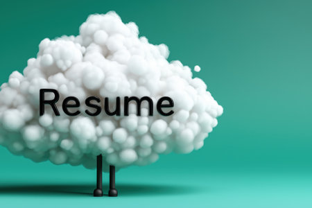 The word 'Resume' is on a cloud with legs, symbolizing a modern, cloud-based CV or online portfolio for a job search in the tech business industry.の素材