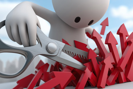 A business concept of cutting losses, reducing expenses, or stopping a negative trend. A 3D character uses large scissors to cut through a group of rising red arrows.の素材
