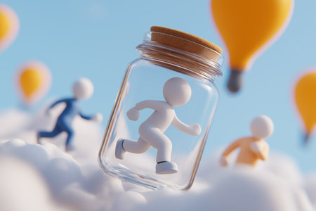 A character is trapped and running inside a sealed glass jar, while other free characters fly by in hot air balloons, symbolizing feeling trapped or restricted.の素材