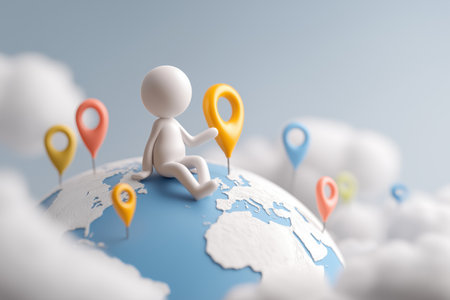 A 3D character sits thoughtfully on top of the world globe amidst clouds, surrounded by colorful map location pins, symbolizing travel, globalization, and planning.の素材