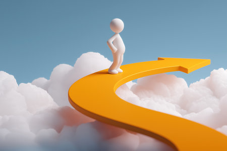A confident 3D figure stands with hands on hips atop a winding yellow arrow path that moves forward through the clouds, symbolizing career direction and progress.の素材