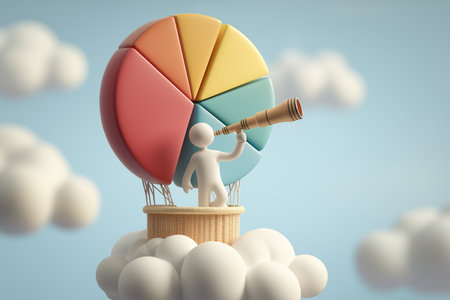 A 3D character in a hot air balloon basket looks at a large, colorful pie chart through a telescope, representing financial forecasting and market analysis.の素材