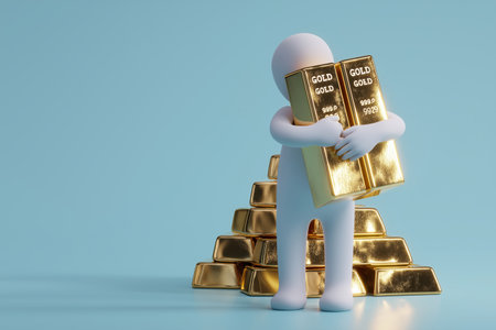 An abstract white figure holds two large gold bars, standing in front of a pyramid of more bars, representing wealth, investment, and asset management.の素材