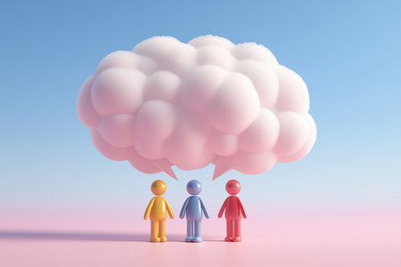 Three colorful characters stand together under a large pink cloud that is shaped like a speech bubble, representing shared ideas, group thinking, or brainstorming.の素材