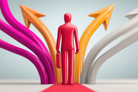 A businessman with a briefcase stands before multiple diverging arrow paths, symbolizing the choice of career direction and strategic business opportunities.の素材