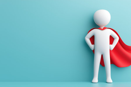 A business concept for leadership, confidence, and corporate power. A minimalist 3D character stands in a heroic pose with a flowing red cape against a blue wall.の素材