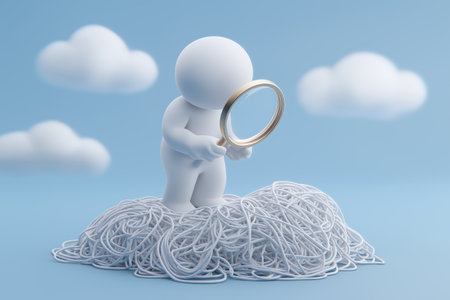 A character stands on a large, tangled mess of white string and uses a magnifying glass to find the source of the problem, symbolizing deep analysis.の素材