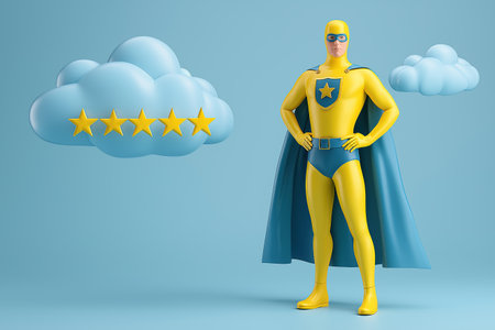 A business concept of excellent customer service, quality, and reliability. A superhero stands proudly next to a cloud showing a five-star rating.の素材