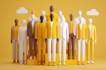 A business concept of diversity, teamwork, and corporate unity. A group of professionals in yellow and white business attire stands together on yellow steps.の素材