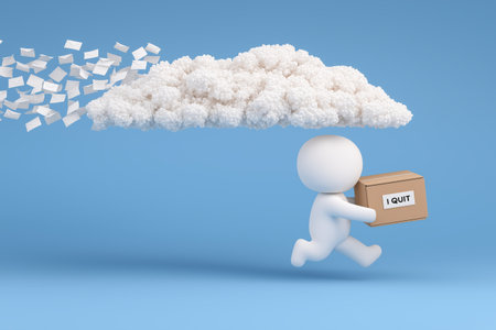 A character runs with a box that says 'I QUIT', leaving a cloud that is shedding papers. A concept for resignation and starting a new career path.の素材