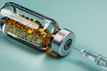 A business concept representing a capital injection, financial aid, or investment. A syringe injects a needle into a vaccine vial filled with tiny gold coins.の素材