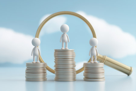A magnifying glass hovers over three figures standing on stacks of coins, a business concept for financial analysis, investment research, or auditing company assets.の素材