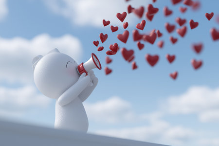 A cute white bear uses a megaphone to spread red hearts into the sky. A concept of sharing love, positive reviews, and building a loyal brand community.の素材