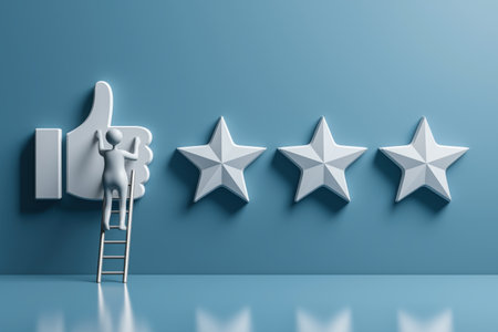 A figure climbs a ladder to add a star to a thumbs-up icon, symbolizing the effort to achieve excellent customer ratings and positive business feedback.の素材