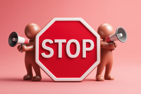 Two figures with megaphones stand by a large red stop sign. This concept represents a business protest, a halt in operations, or a critical warning.の素材