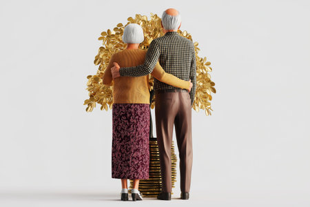 An elderly couple hugs in front of a golden tree, symbolizing a long-term successful investment, financial planning, and a secure, happy retirement.の素材