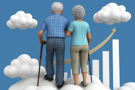 An elderly couple with canes stands on a cloud, looking at a rising bar chart, representing long-term investment growth and successful retirement planning.の素材