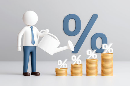 A businessman waters stacks of coins that grow with percentage signs. Represents investment, financial growth, interest rates, and business profit.の素材