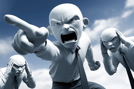 An angry boss is pointing and shouting, with other stressed employees in the background, representing a toxic work environment and bad management.の素材