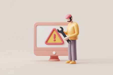 A character with a wrench stands before a computer screen with a warning sign. Represents a system error, technical problem, and the need for support.の素材