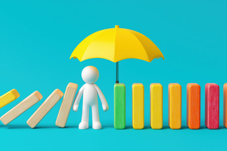 A figure with an umbrella protects a line of colorful dominoes from falling. This represents risk management, business protection, and insurance concepts.の素材