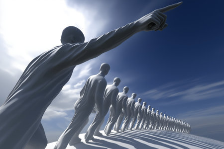 A strong leader figure points the way forward for a long line of followers. This concept represents business vision, leadership, and strategic direction.の素材