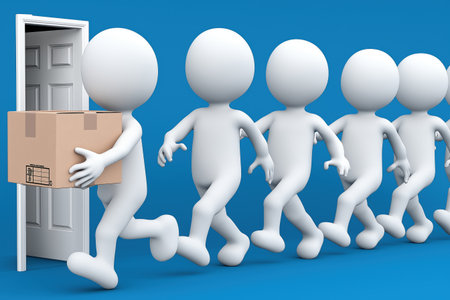 A line of figures follows one character carrying a package out of a door. Represents business logistics, efficient delivery, and streamlined processes.の素材