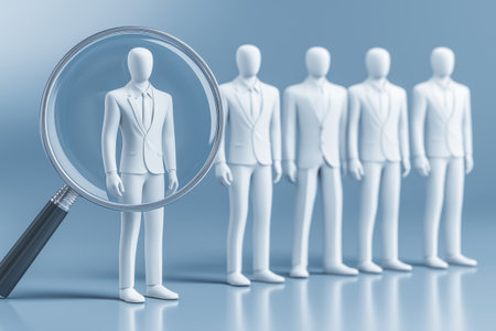 A magnifying glass focuses on one candidate in a line of business people. A concept for human resources, recruitment, talent acquisition, and hiring.の素材